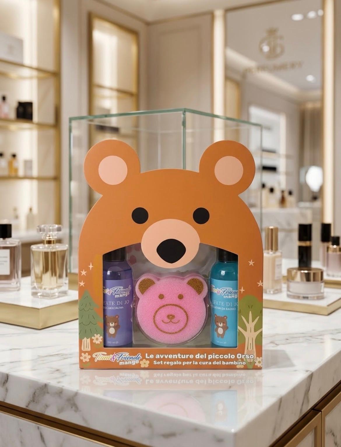 Set Regalo Cura del Bambino con Docciaschiuma, Schiuma da Bagno e Spugna Orsetto – Idea Regalo