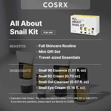 COSRX All About Snail Mucin - Set per la cura della pelle coreana, mini prodotti essenziali da viaggio, set regalo da viaggio con detergente viso, siero, crema idratante e crema per gli occhi alla bava di lumaca, kit ringiovanente - sandraperfume
