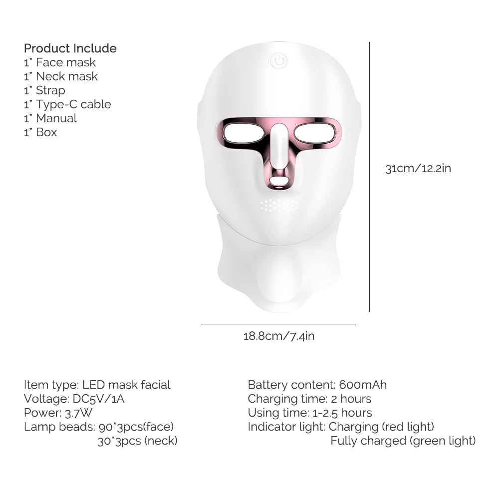 Maschera facciale a LED a 7 colori Viso e collo Photon Ringiovanimento della pelle Sbiancamento ricaricabile Cura del viso Trattamento di bellezza - sandraperfume