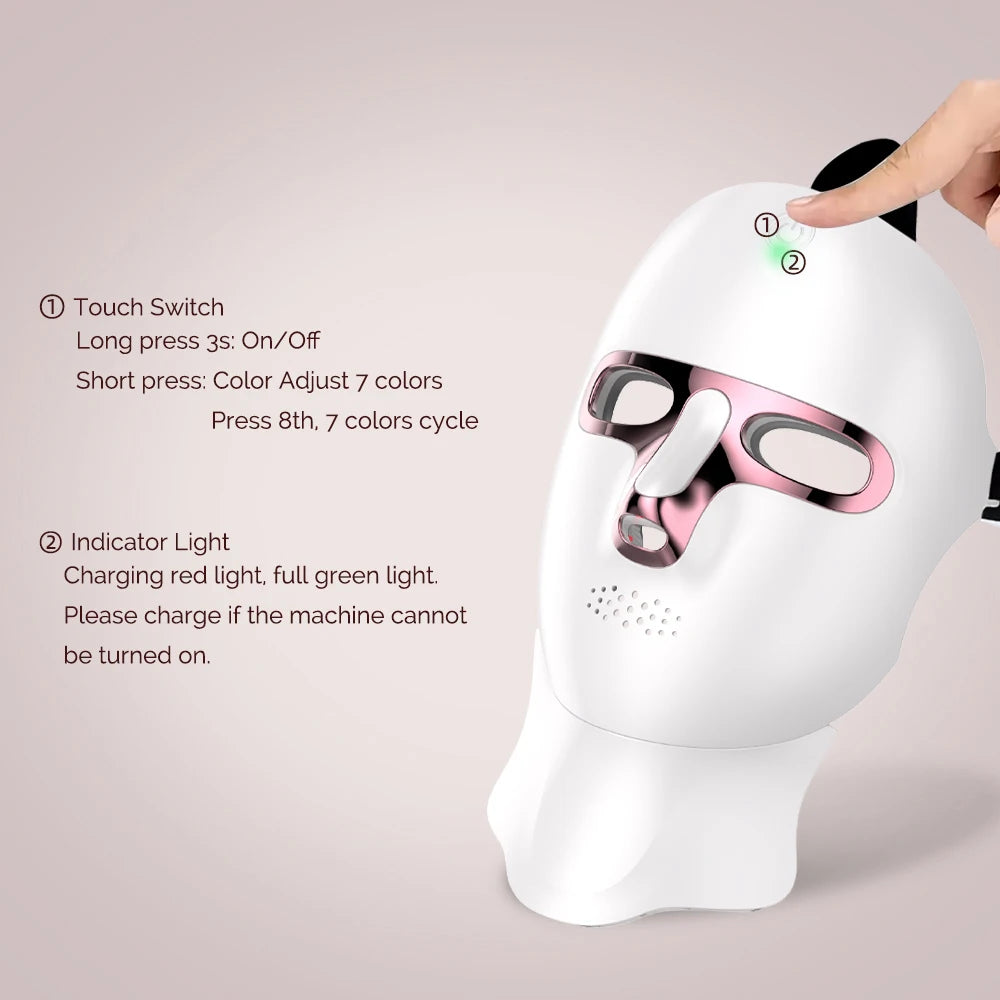 Maschera facciale a LED a 7 colori Viso e collo Photon Ringiovanimento della pelle Sbiancamento ricaricabile Cura del viso Trattamento di bellezza - sandraperfume