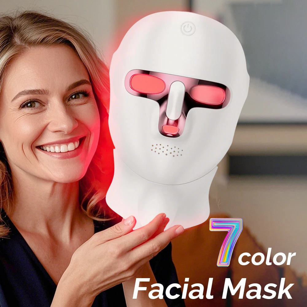 Maschera facciale a LED a 7 colori Viso e collo Photon Ringiovanimento della pelle Sbiancamento ricaricabile Cura del viso Trattamento di bellezza - sandraperfume